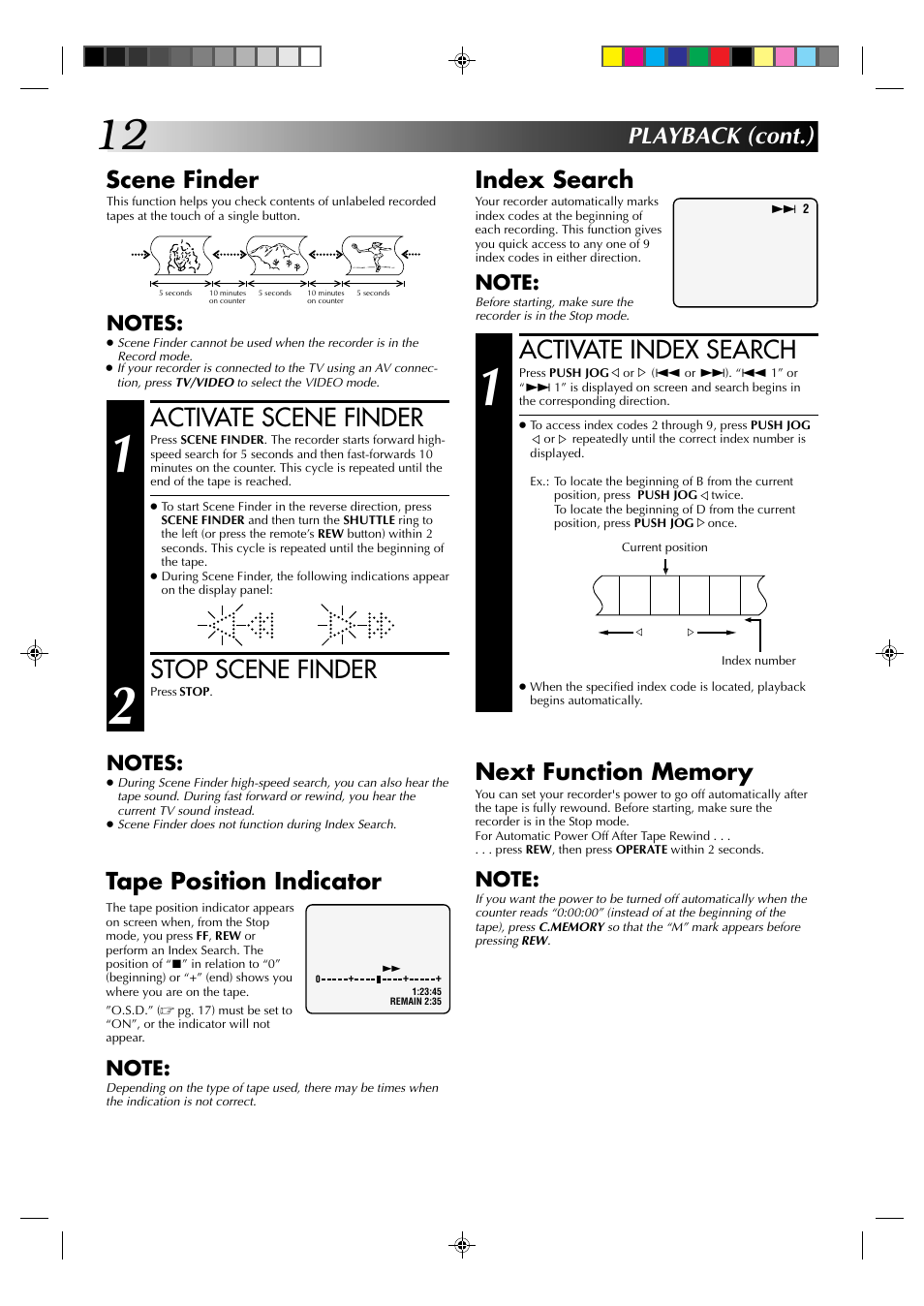 Activate index search, Activate scene finder, Stop scene finder | Playback (cont.), Scene finder, Index search, Tape position indicator | JVC HR-J438E User Manual | Page 12 / 40