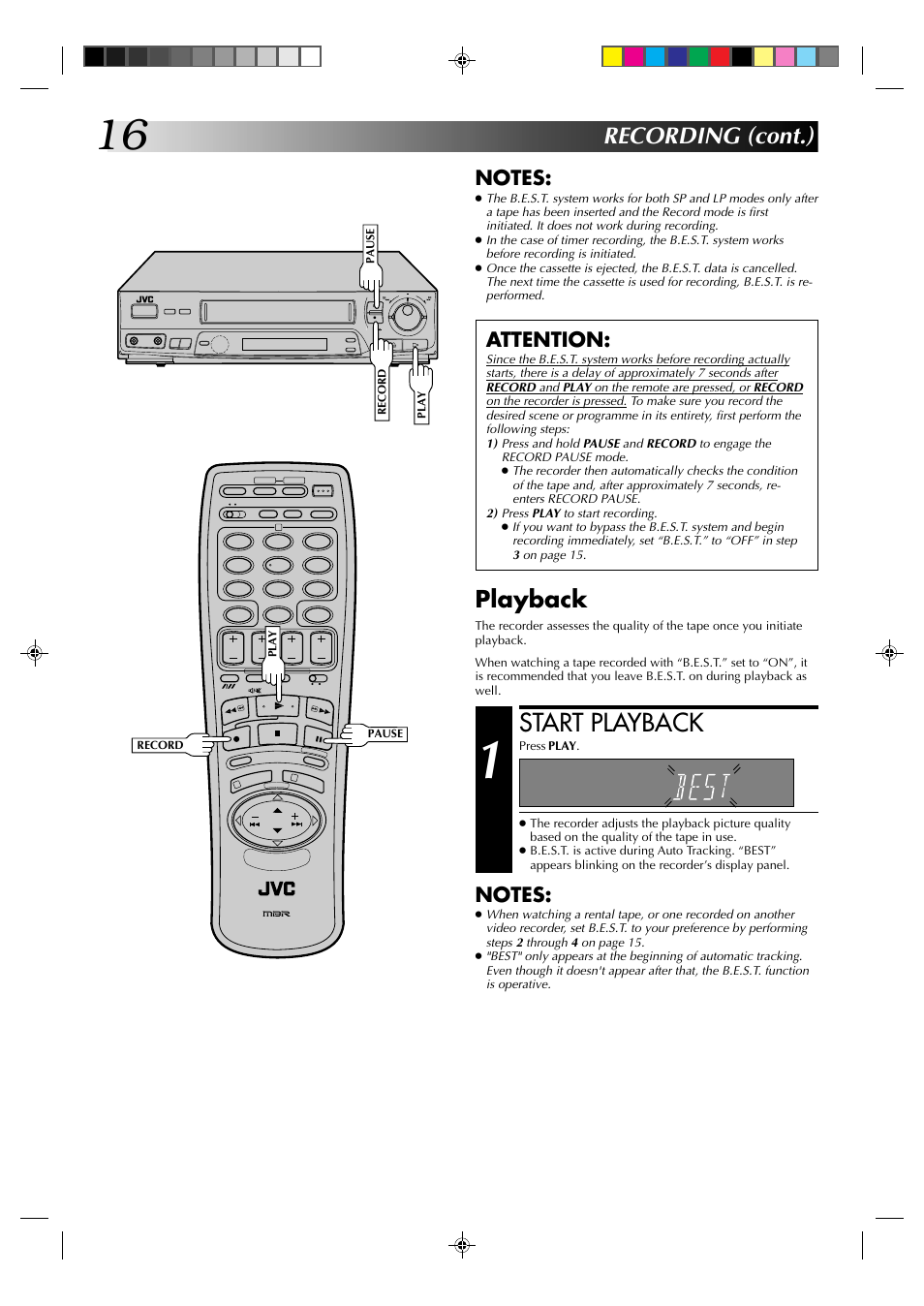 Start playback, Recording (cont.), Playback | Attention | JVC HR-J438E User Manual | Page 16 / 40