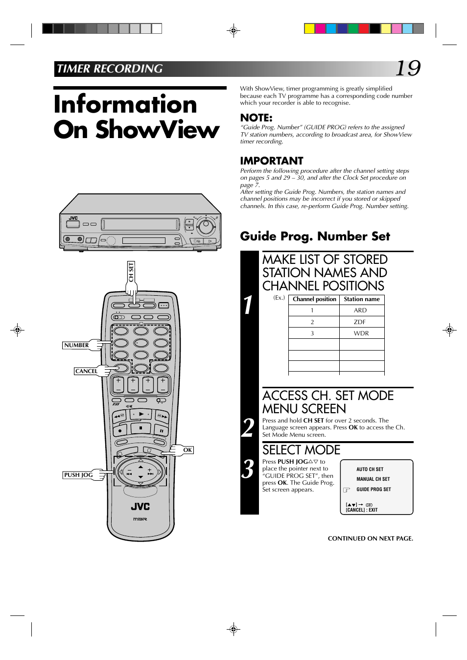 Information on showview, Access ch. set mode menu screen, Select mode | Timer recording, Guide prog. number set | JVC HR-J438E User Manual | Page 19 / 40