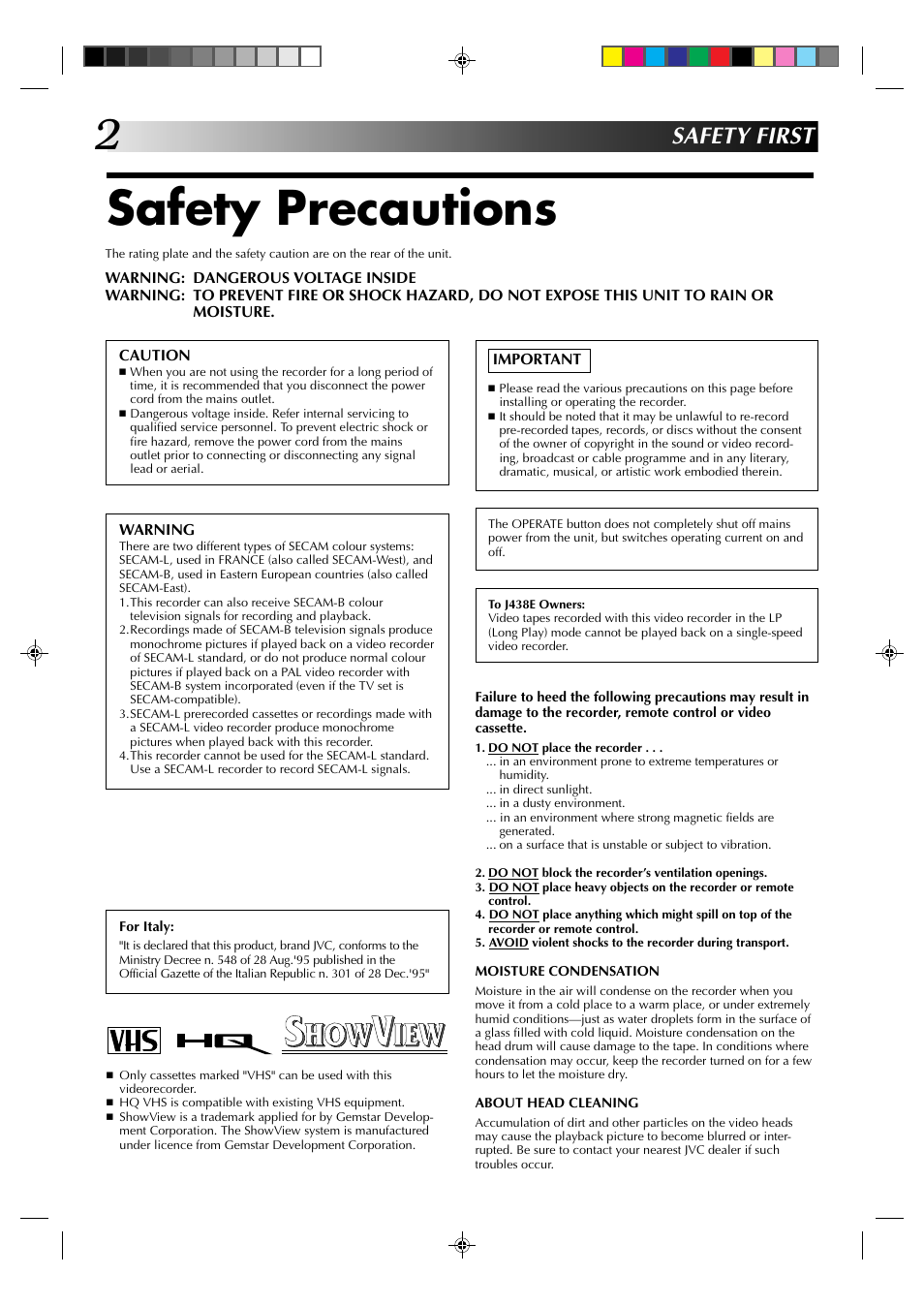 Safety precautions, Safety first | JVC HR-J438E User Manual | Page 2 / 40