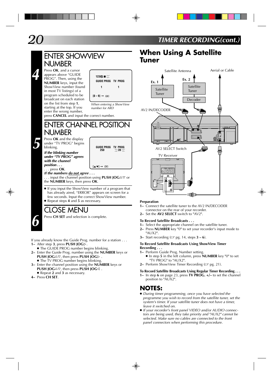 Enter showview number, Enter channel position number, Close menu | Timer recording(cont.), When using a satellite tuner | JVC HR-J438E User Manual | Page 20 / 40