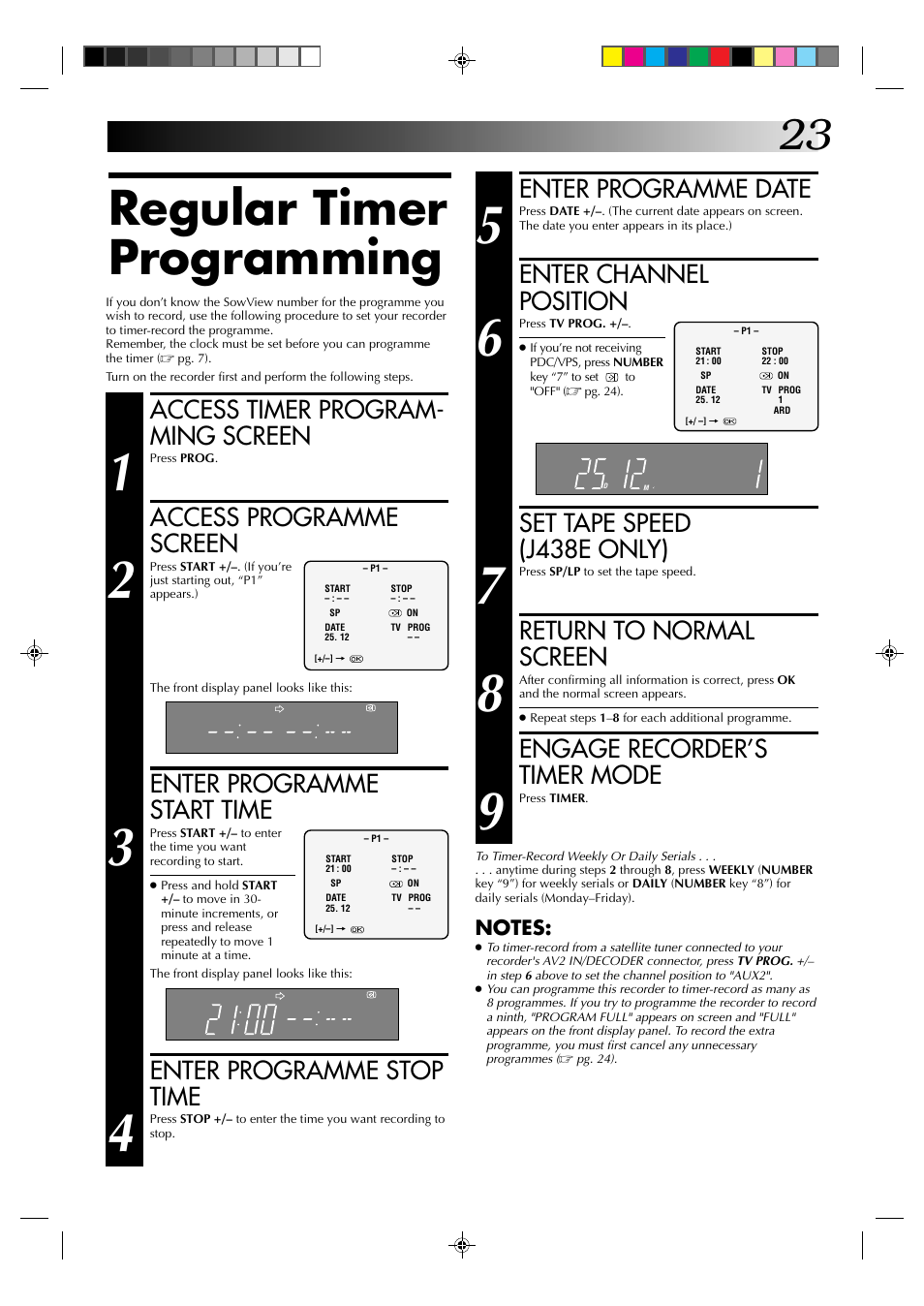 Regular timer programming, Enter programme date, Enter channel position | Set tape speed (j438e only), Return to normal screen, Engage recorder’s timer mode, Access timer program- ming screen, Access programme screen, Enter programme start time, Enter programme stop time | JVC HR-J438E User Manual | Page 23 / 40
