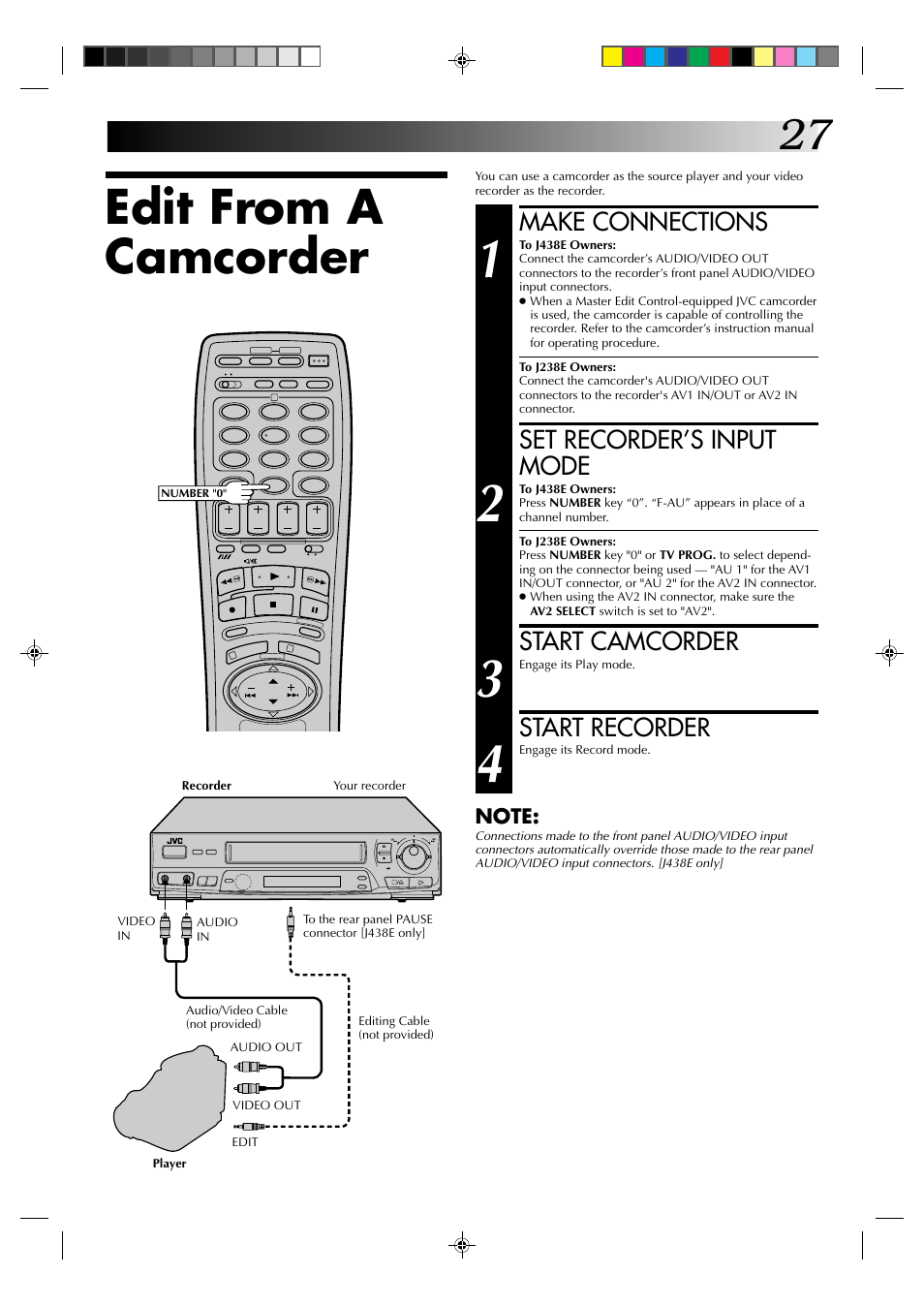 Edit from a camcorder, Make connections, Set recorder’s input mode | Start camcorder, Start recorder | JVC HR-J438E User Manual | Page 27 / 40