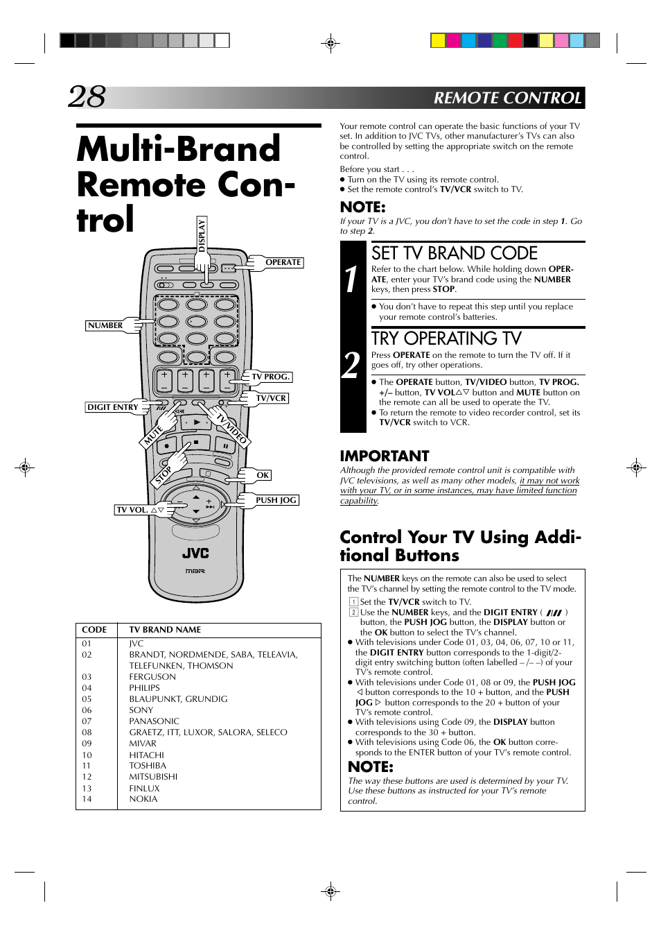 Multi-brand remote con- trol, Set tv brand code, Try operating tv | Remote control, Control your tv using addi- tional buttons, Important | JVC HR-J438E User Manual | Page 28 / 40