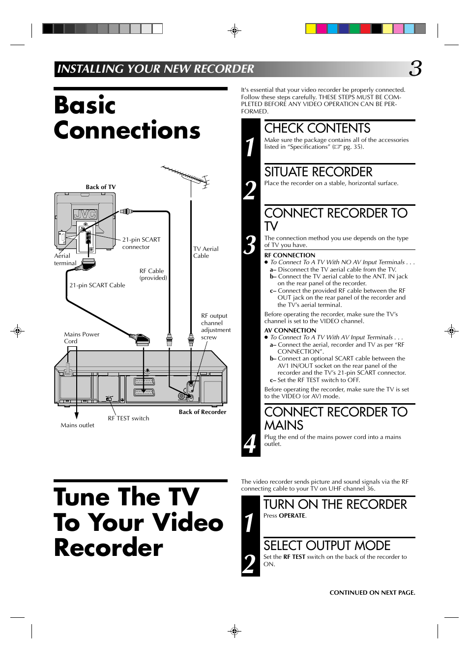 Basic connections, Tune the tv to your video recorder | JVC HR-J438E User Manual | Page 3 / 40