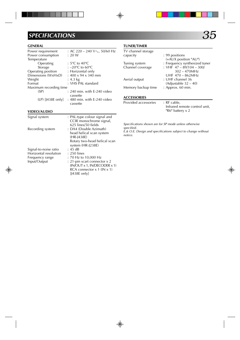 Specifications | JVC HR-J438E User Manual | Page 35 / 40