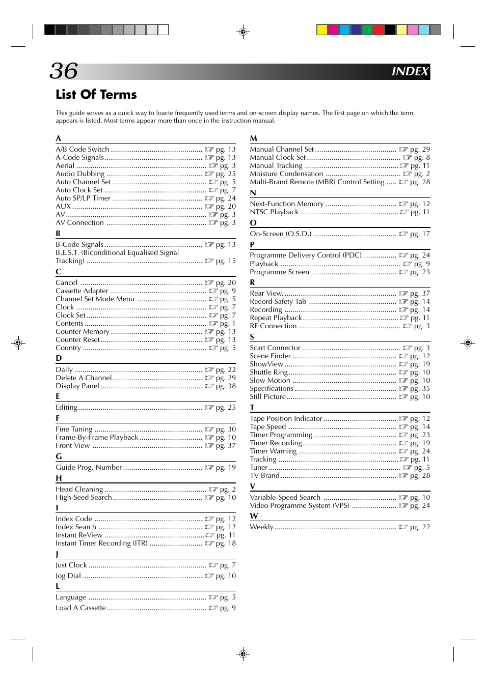 Index list of terms | JVC HR-J438E User Manual | Page 36 / 40