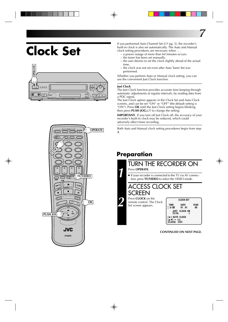 Clock set, Turn the recorder on, Access clock set screen | Preparation | JVC HR-J438E User Manual | Page 7 / 40
