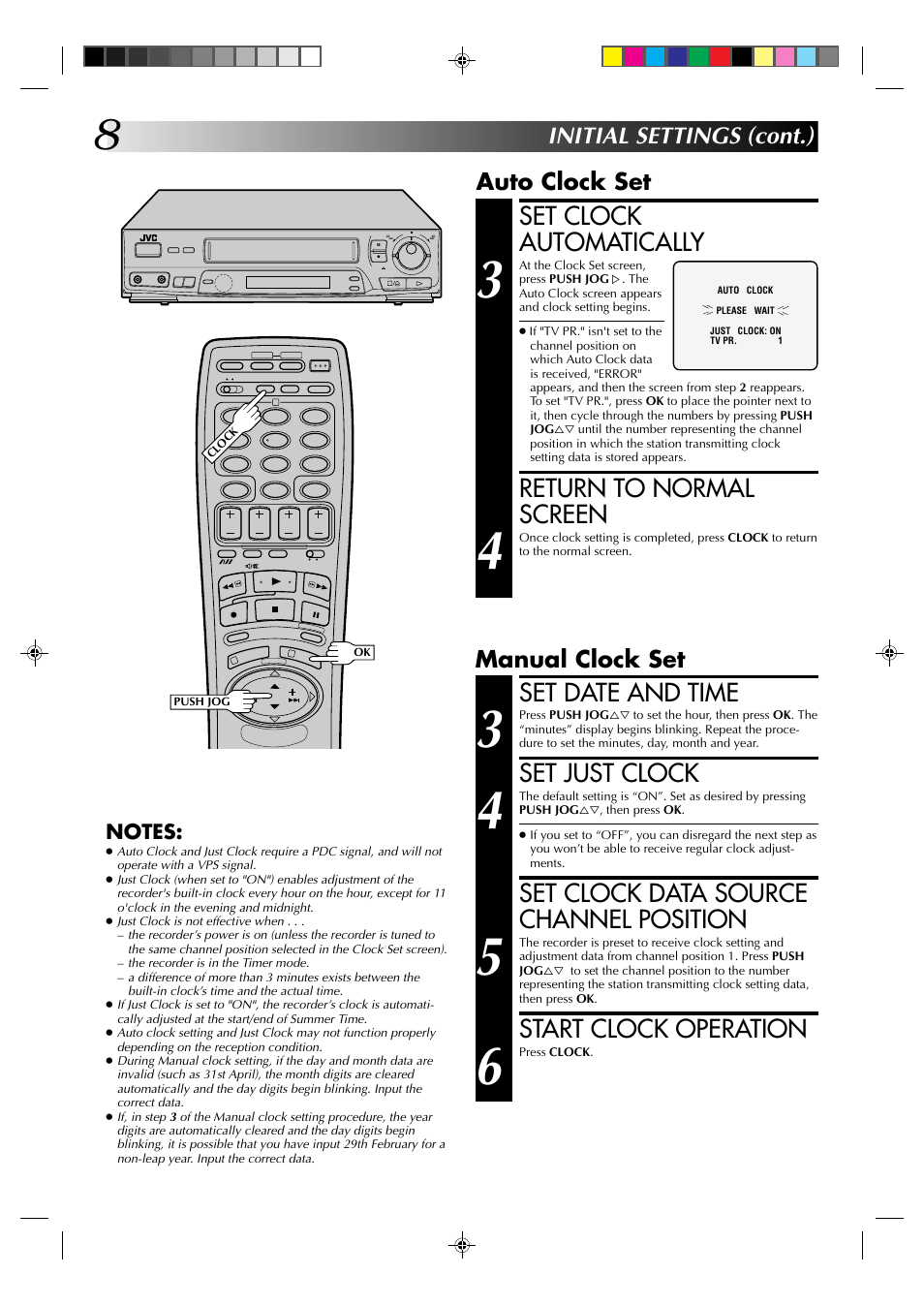 Set clock automatically, Return to normal screen, Set date and time | Set just clock, Set clock data source channel position, Start clock operation, Initial settings (cont.), Auto clock set, Manual clock set | JVC HR-J438E User Manual | Page 8 / 40