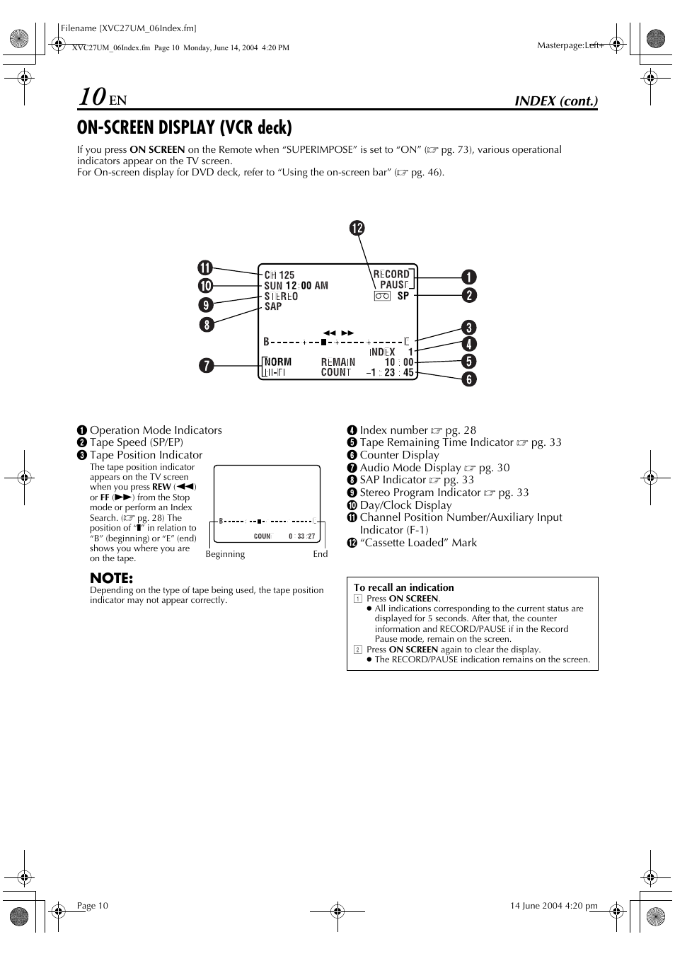 On-screen display (vcr deck), Index (cont.) | JVC HR-XVC27UM User Manual | Page 10 / 88