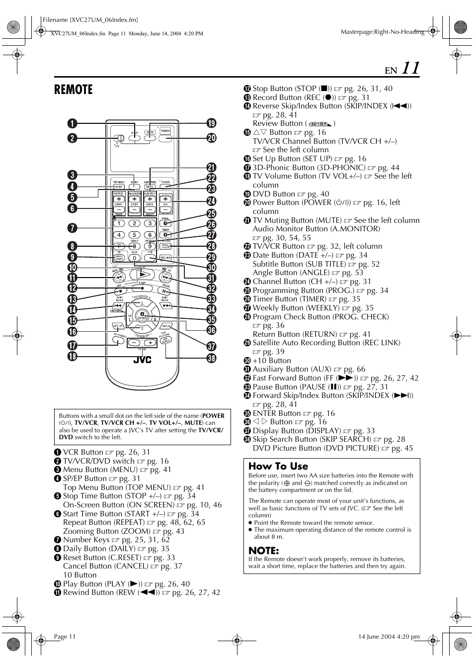 Remote, How to use | JVC HR-XVC27UM User Manual | Page 11 / 88