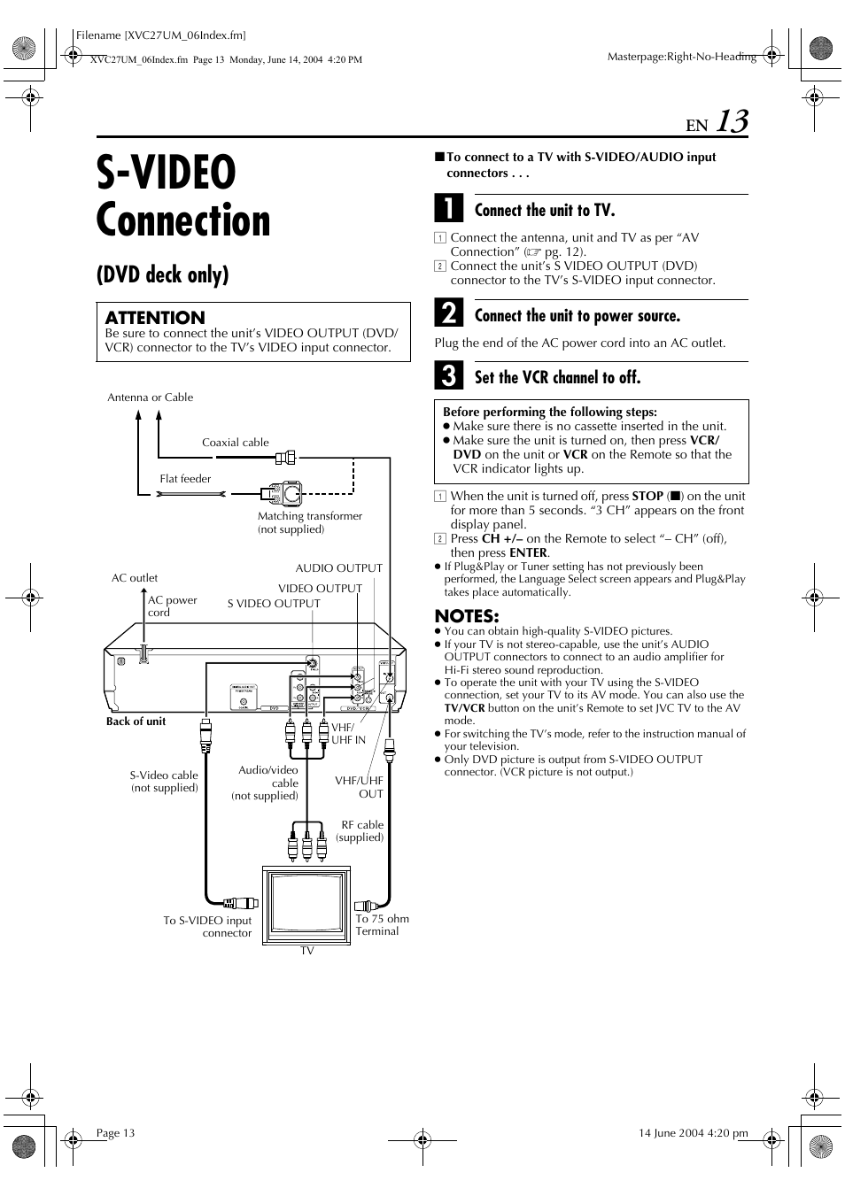 S-video connection (dvd deck only), Pg. 13, Only) | Pg. 13, 14), S-video connection, Dvd deck only) | JVC HR-XVC27UM User Manual | Page 13 / 88