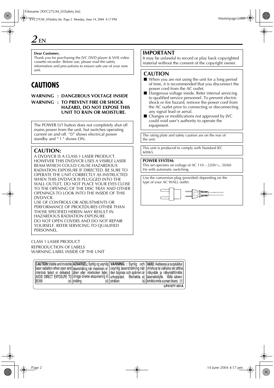 Cautions, Caution, Important | JVC HR-XVC27UM User Manual | Page 2 / 88