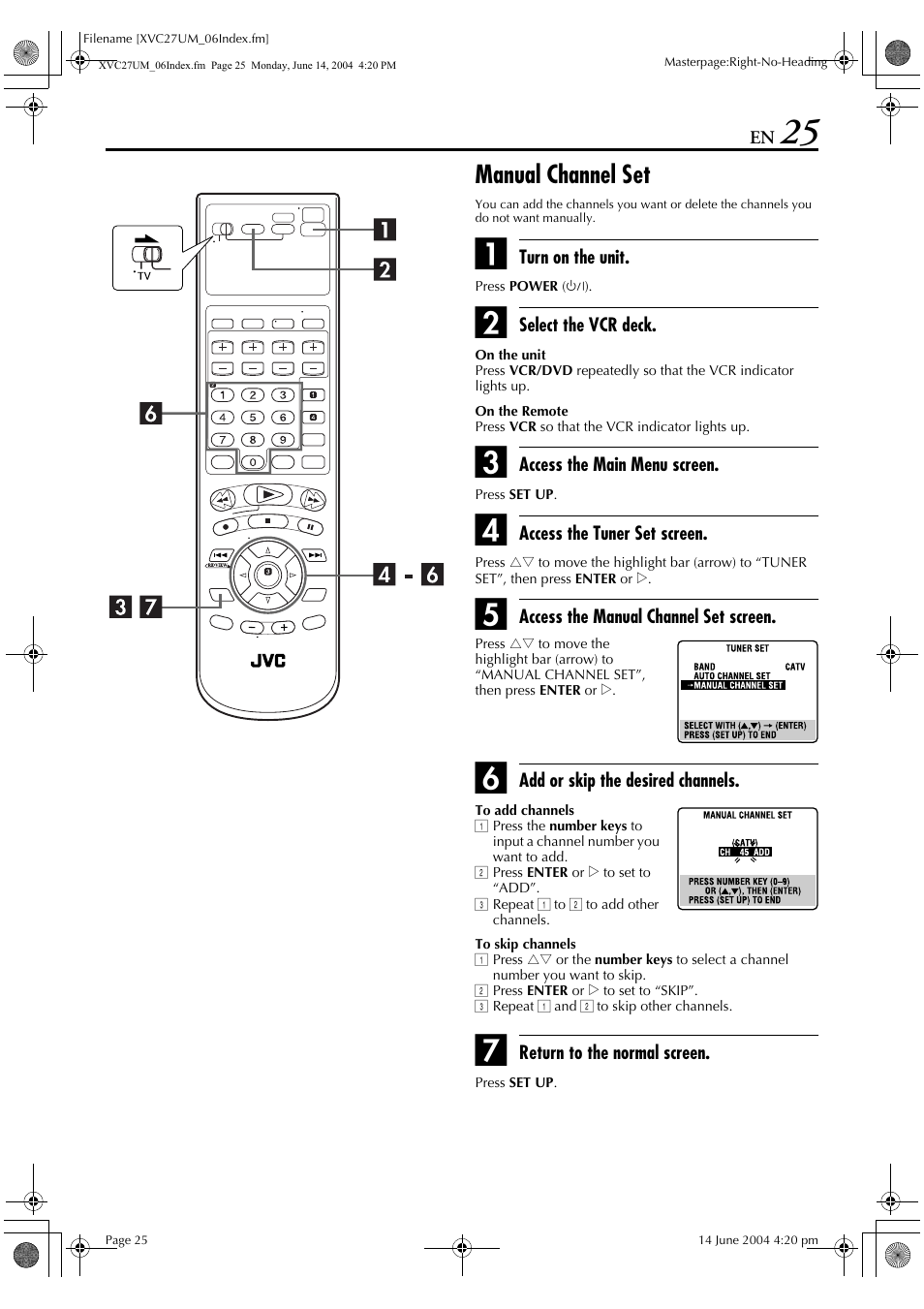 Mber keys, Pg. 25, Manual channel set | JVC HR-XVC27UM User Manual | Page 25 / 88