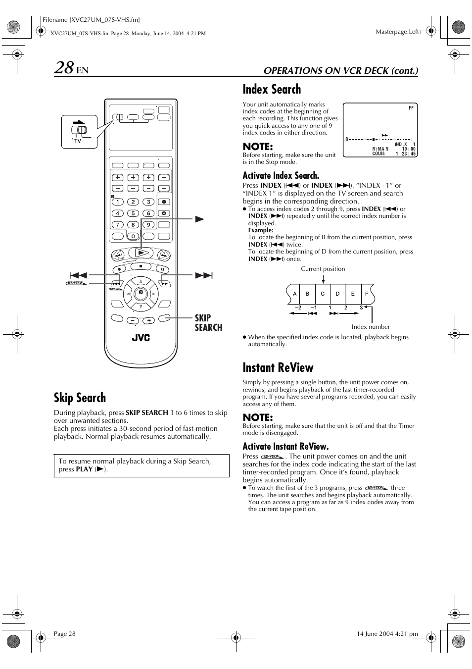 Skip search, Index search, Instant review | JVC HR-XVC27UM User Manual | Page 28 / 88