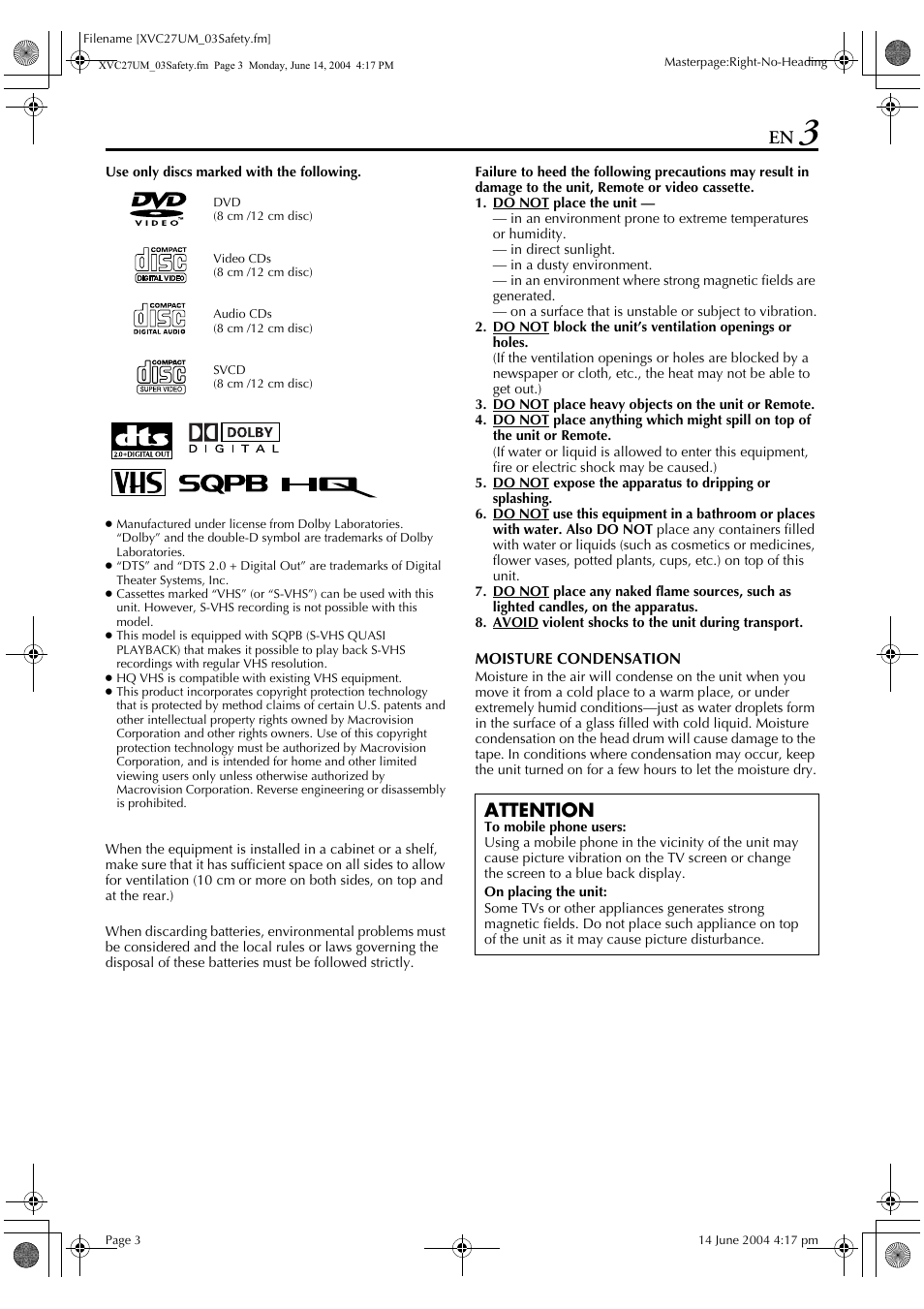 Attention | JVC HR-XVC27UM User Manual | Page 3 / 88