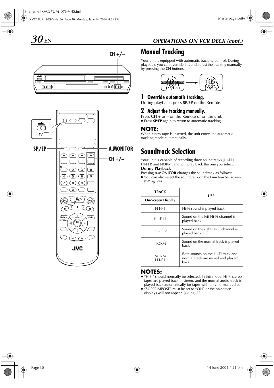 Manual tracking, Soundtrack selection, Operations on vcr deck (cont.) | Override automatic tracking, Adjust the tracking manually | JVC HR-XVC27UM User Manual | Page 30 / 88