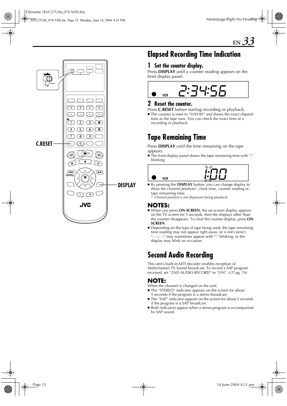 Elapsed recording time indication, Tape remaining time, Second audio recording | Set the counter display, Reset the counter | JVC HR-XVC27UM User Manual | Page 33 / 88