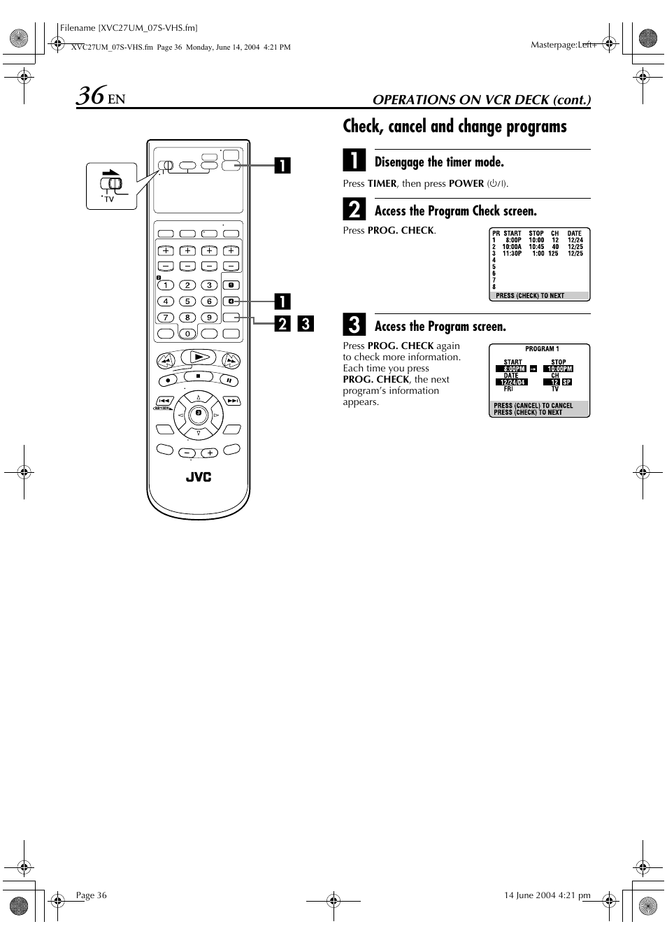 Check, cancel and change programs | JVC HR-XVC27UM User Manual | Page 36 / 88