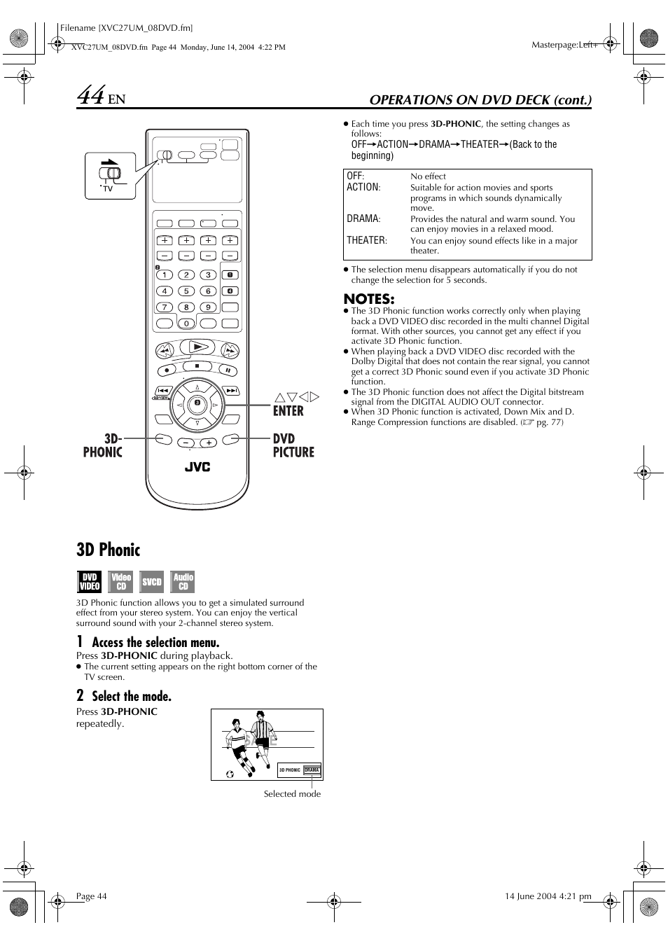3d phonic, Operations on dvd deck (cont.), Access the selection menu | Select the mode | JVC HR-XVC27UM User Manual | Page 44 / 88