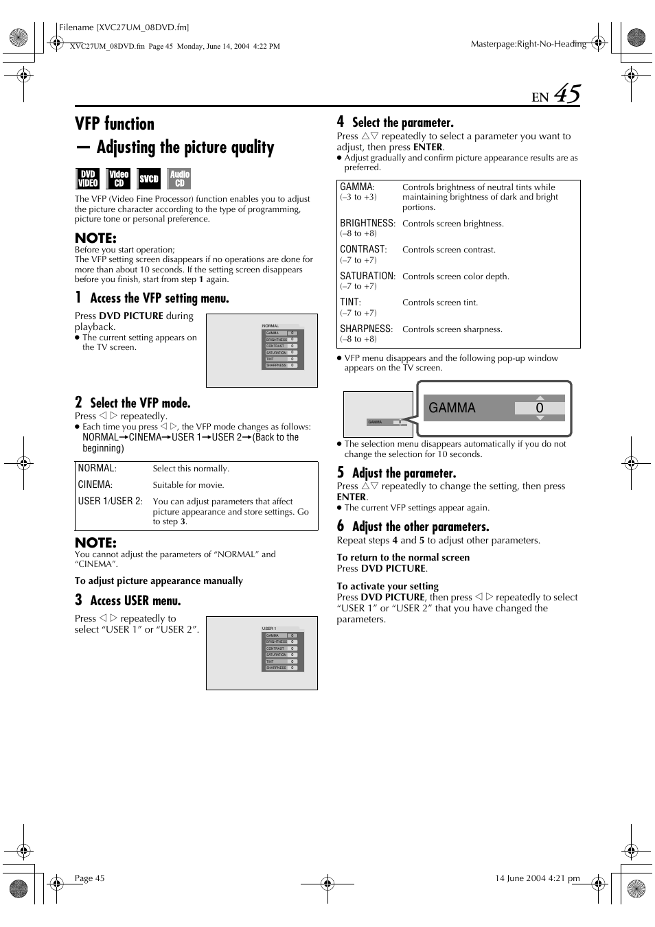 Vfp function — adjusting the picture quality, 0gamma, Access the vfp setting menu | Select the vfp mode, Access user menu, Select the parameter, Adjust the parameter, Adjust the other parameters | JVC HR-XVC27UM User Manual | Page 45 / 88