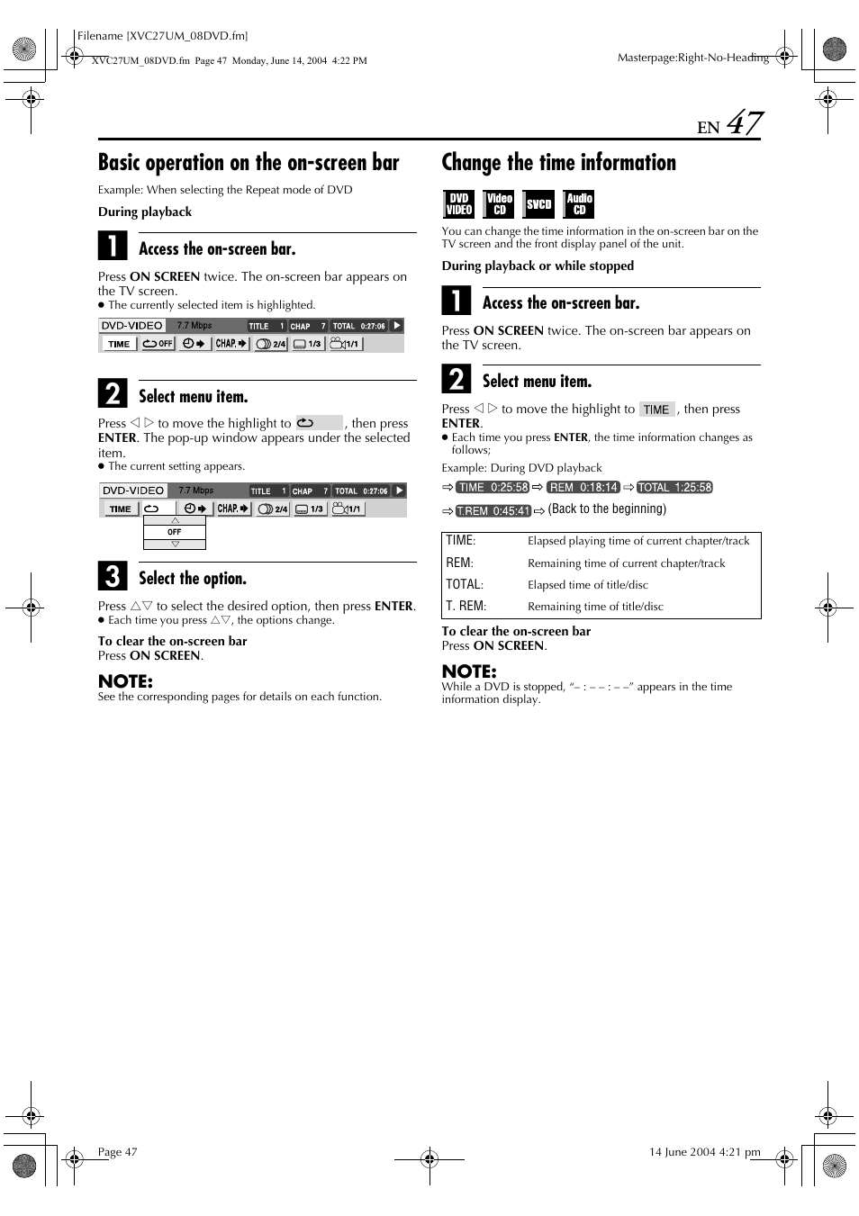 Pg. 47), Illustration above), Basic operation on the on-screen bar | Change the time information | JVC HR-XVC27UM User Manual | Page 47 / 88