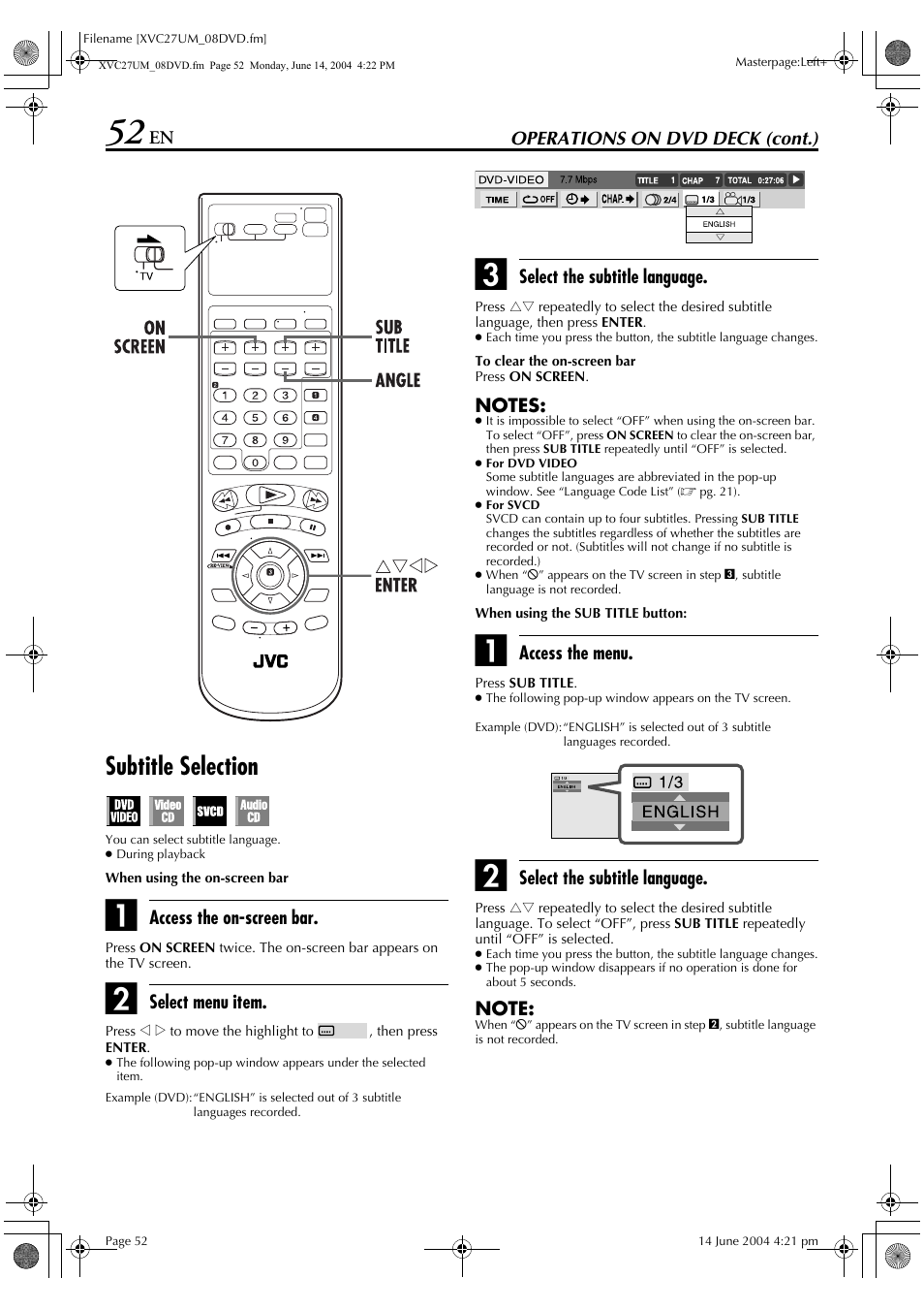 To change subtitle language, Pg. 52), Subtitle selection | JVC HR-XVC27UM User Manual | Page 52 / 88