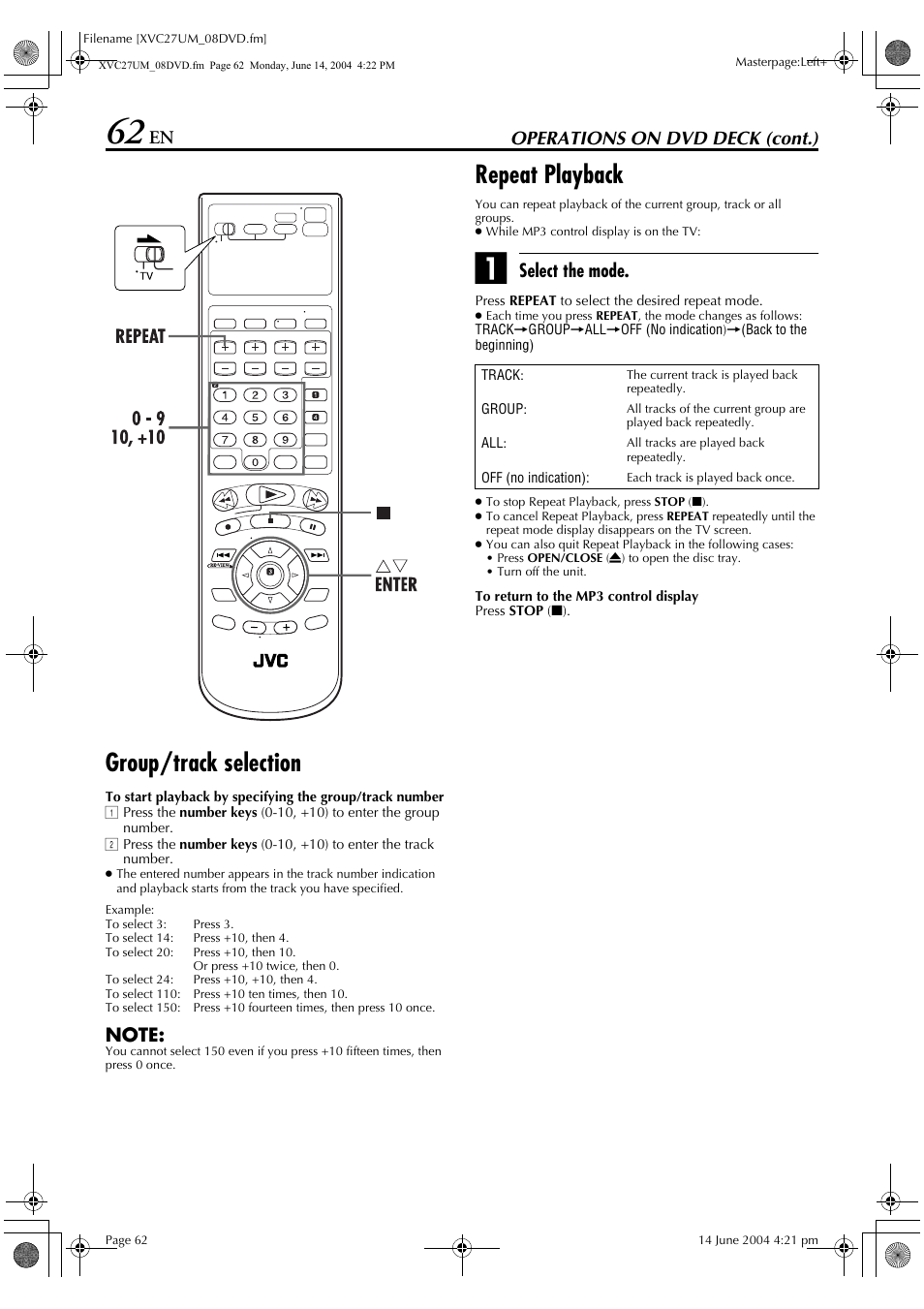 Group/track selection, Repeat playback, Operations on dvd deck (cont.) | Select the mode | JVC HR-XVC27UM User Manual | Page 62 / 88