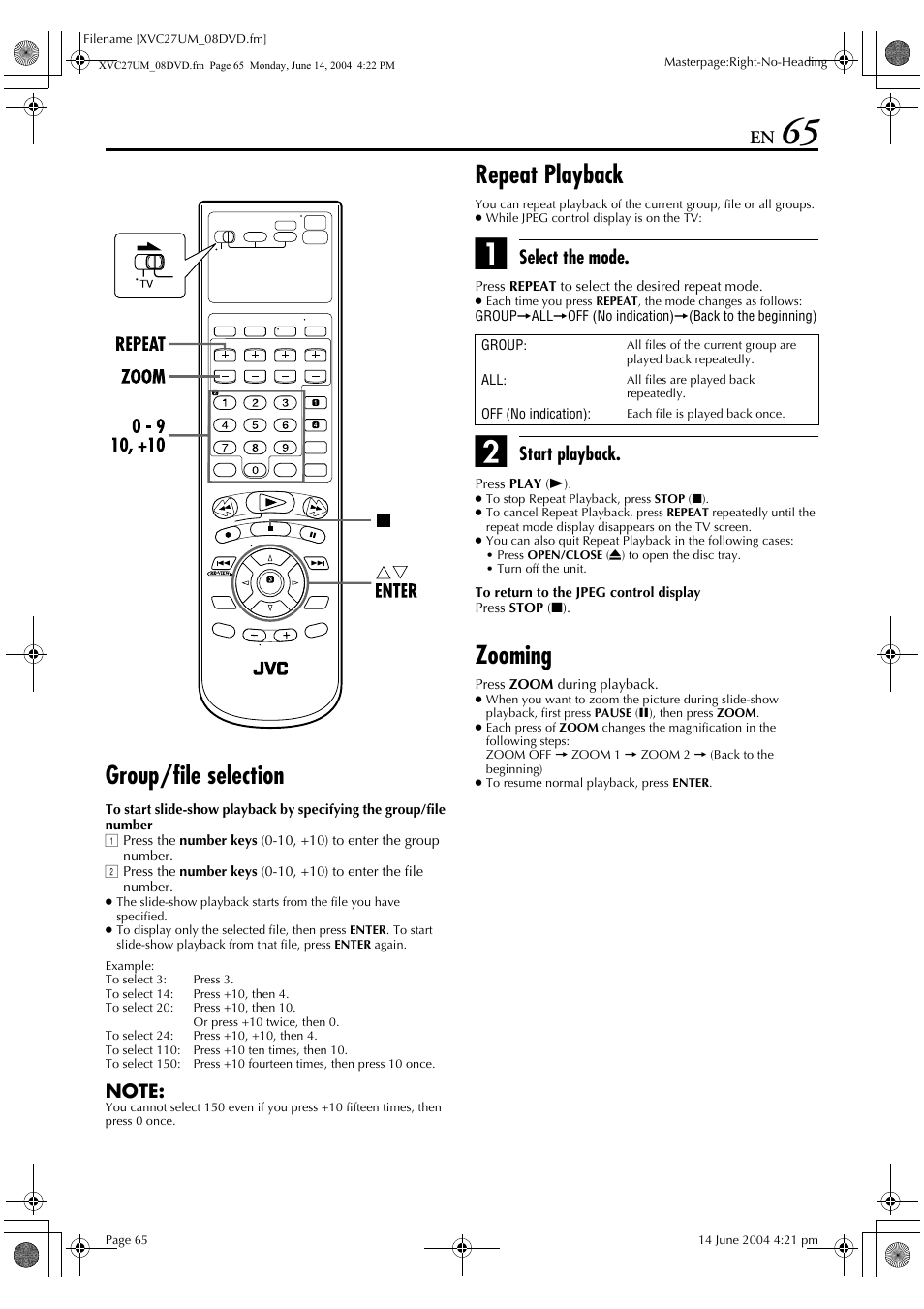 Group/file selection, Repeat playback, Zooming | Select the mode, Start playback | JVC HR-XVC27UM User Manual | Page 65 / 88