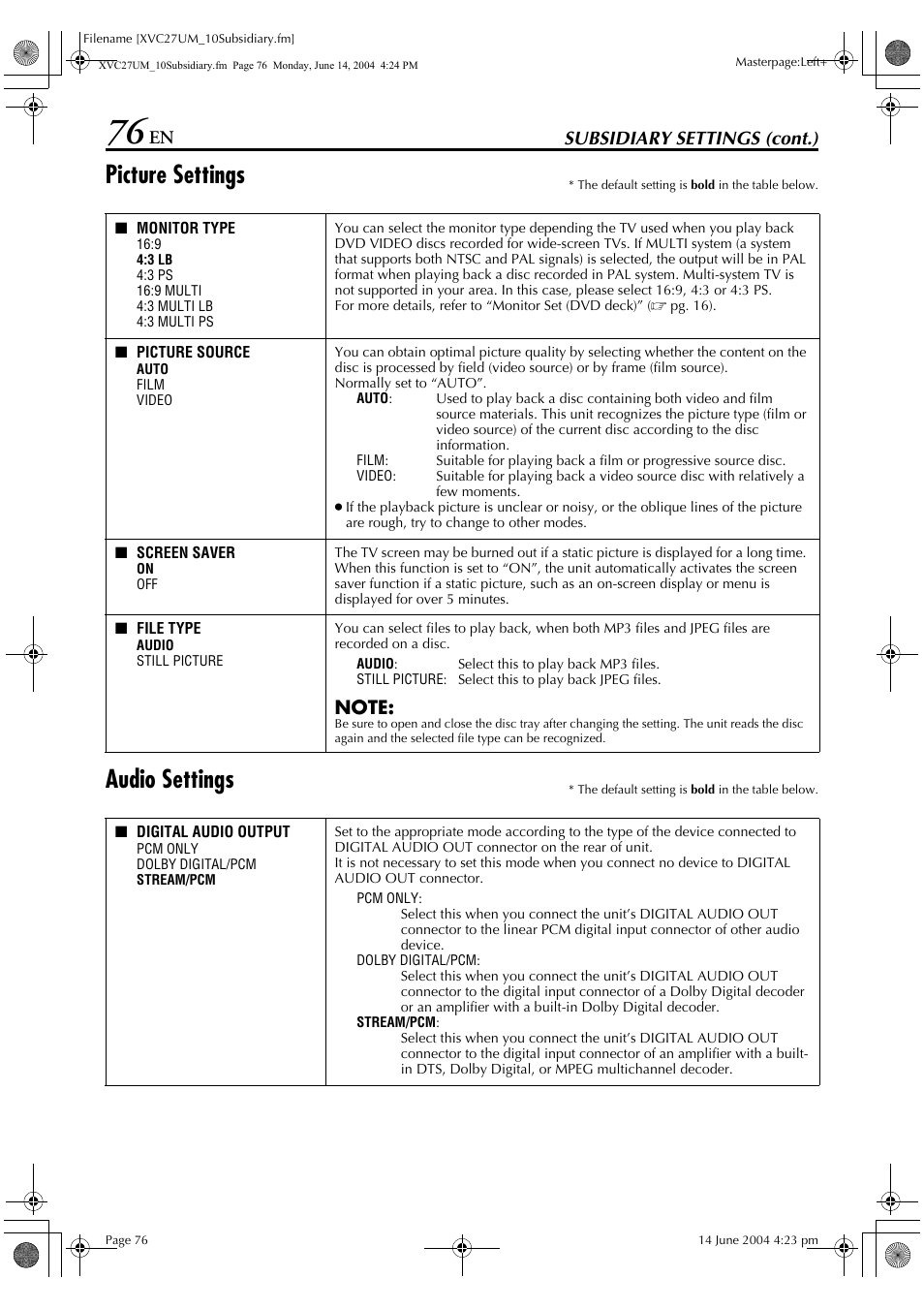 Pg. 76), Le type, Picture settings | Audio settings, Subsidiary settings (cont.) | JVC HR-XVC27UM User Manual | Page 76 / 88