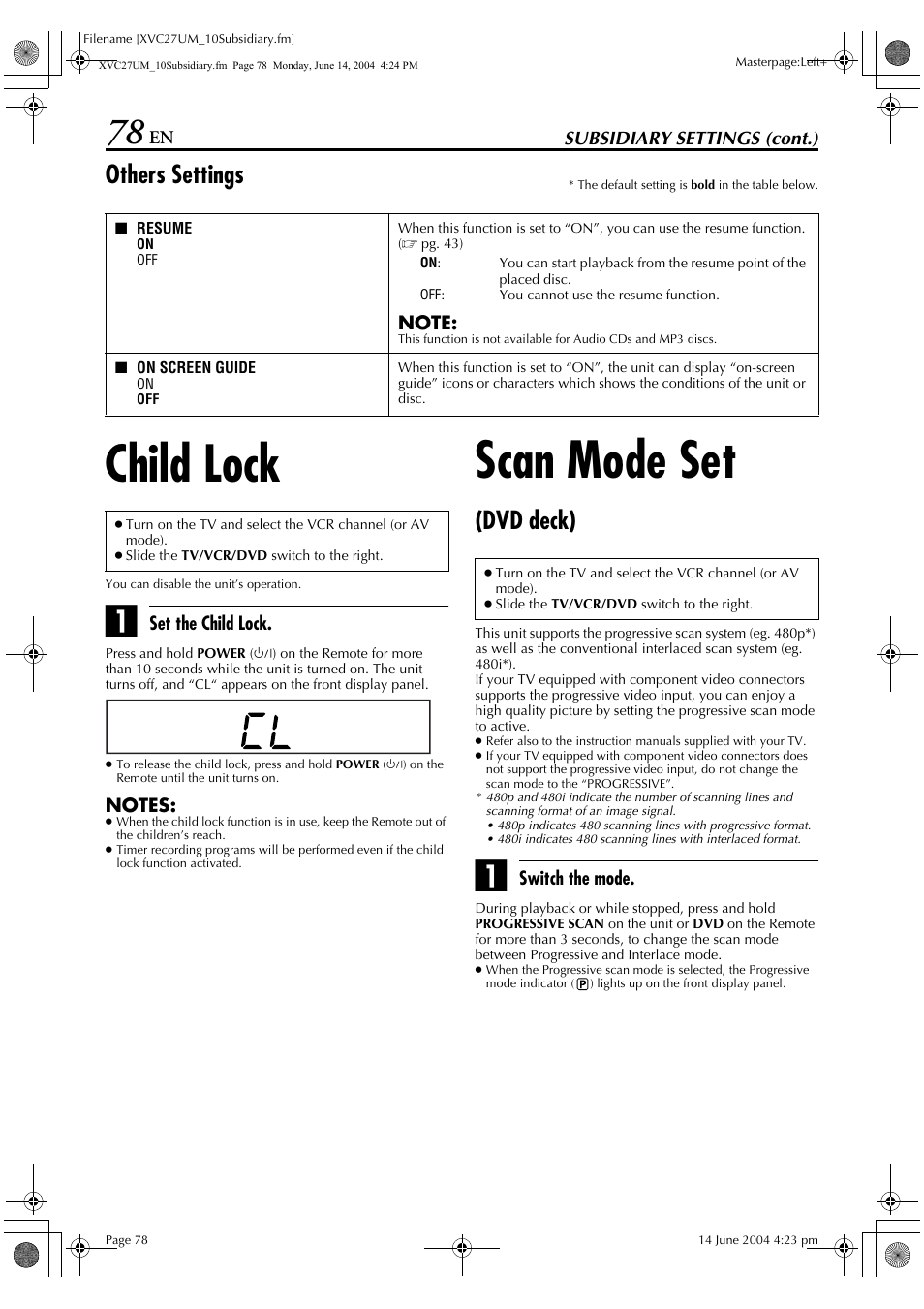 Child lock, Scan mode set (dvd deck), Pg. 78) | Scan mode set, Others settings, Dvd deck) | JVC HR-XVC27UM User Manual | Page 78 / 88