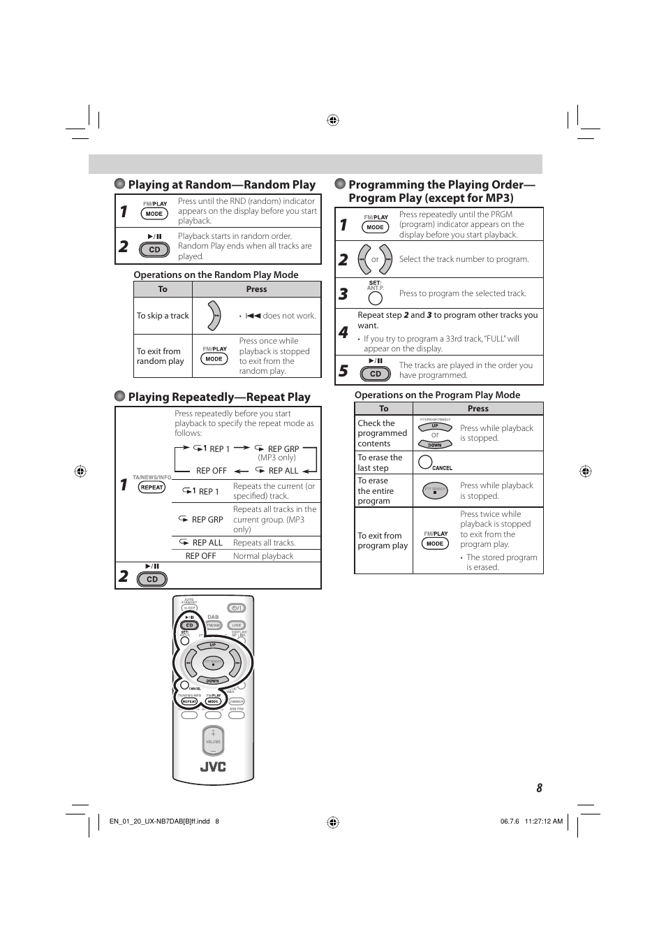 Playing at random—random play, Playing repeatedly—repeat play | JVC SP-UXNB7DAB User Manual | Page 11 / 24