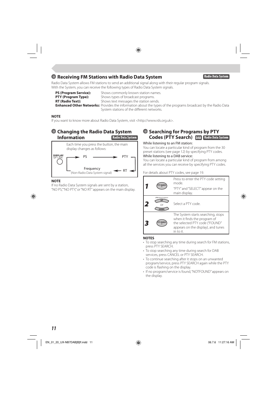 Receiving fm stations with radio data system, Changing the radio data system information, Searching for programs by pty codes (pty search) | JVC SP-UXNB7DAB User Manual | Page 14 / 24