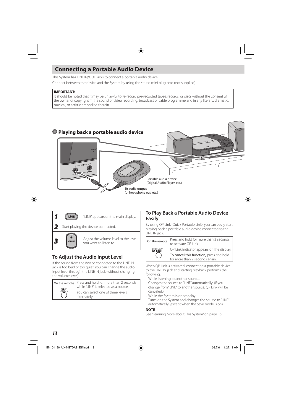 Connecting a portable audio device, Playing back a portable audio device | JVC SP-UXNB7DAB User Manual | Page 16 / 24