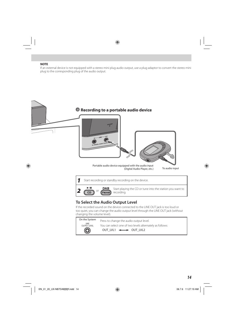 Recording to a portable audio device | JVC SP-UXNB7DAB User Manual | Page 17 / 24