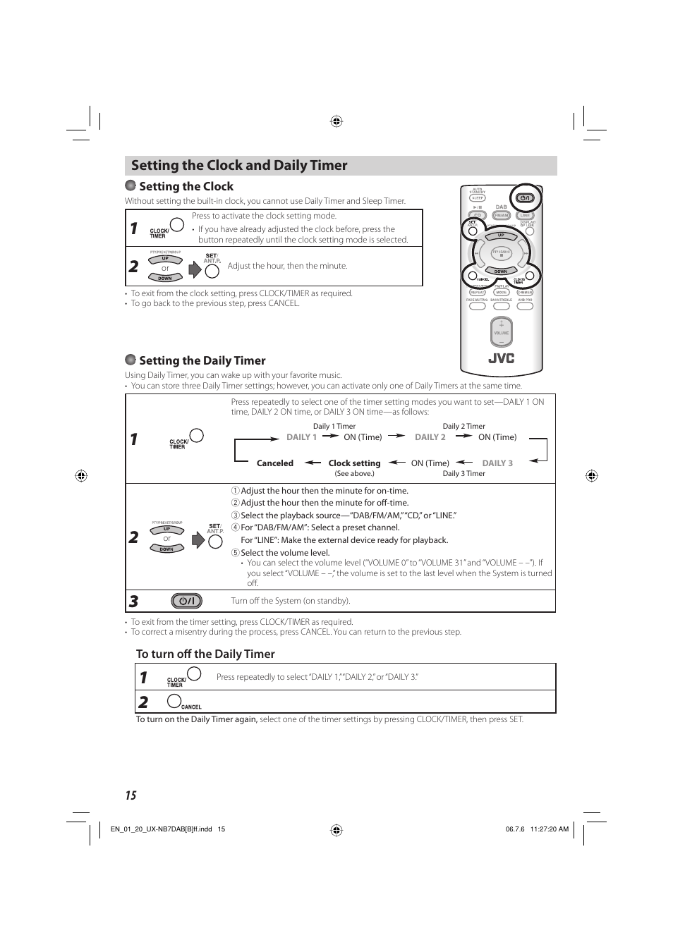 Setting the clock and daily timer, Setting the clock, Setting the daily timer | JVC SP-UXNB7DAB User Manual | Page 18 / 24