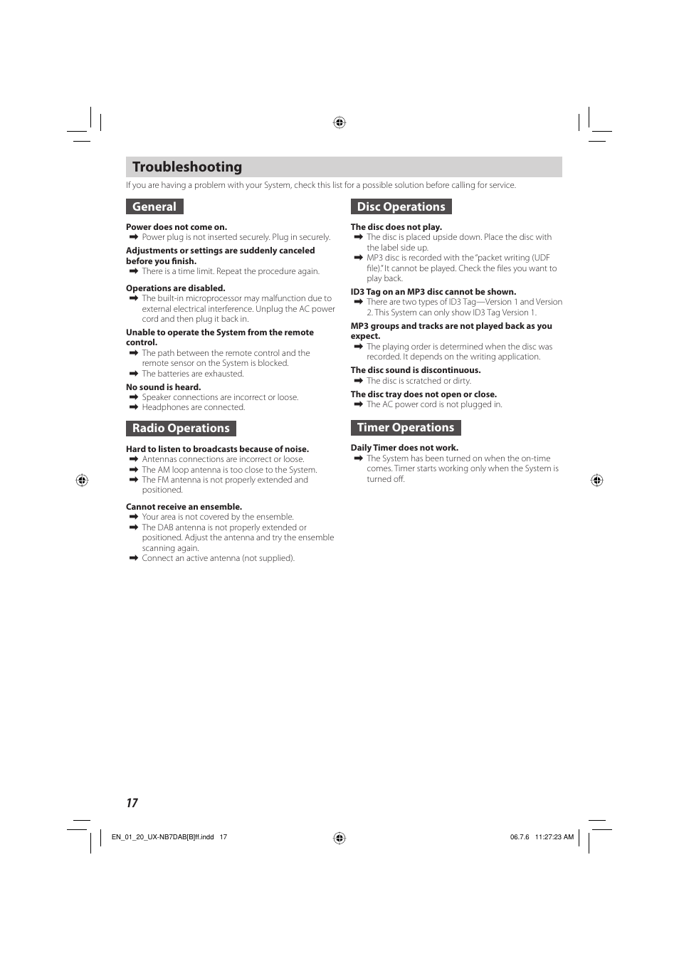 Troubleshooting, General, Radio operations | Disc operations, Timer operations | JVC SP-UXNB7DAB User Manual | Page 20 / 24