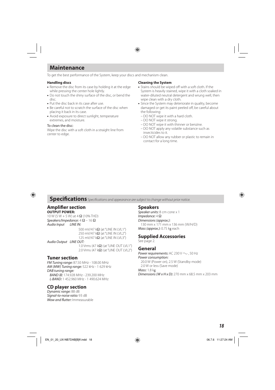 Maintenance, Specifications, Maintenance speciﬁ cations | Speakers, Supplied accessories, General | JVC SP-UXNB7DAB User Manual | Page 21 / 24