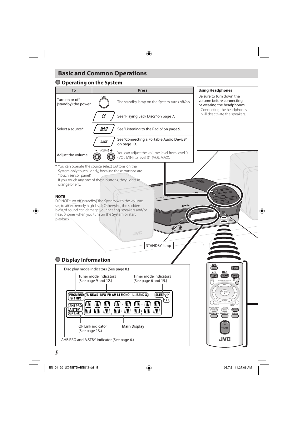 Basic and common operations, Operating on the system, Display information | JVC SP-UXNB7DAB User Manual | Page 8 / 24