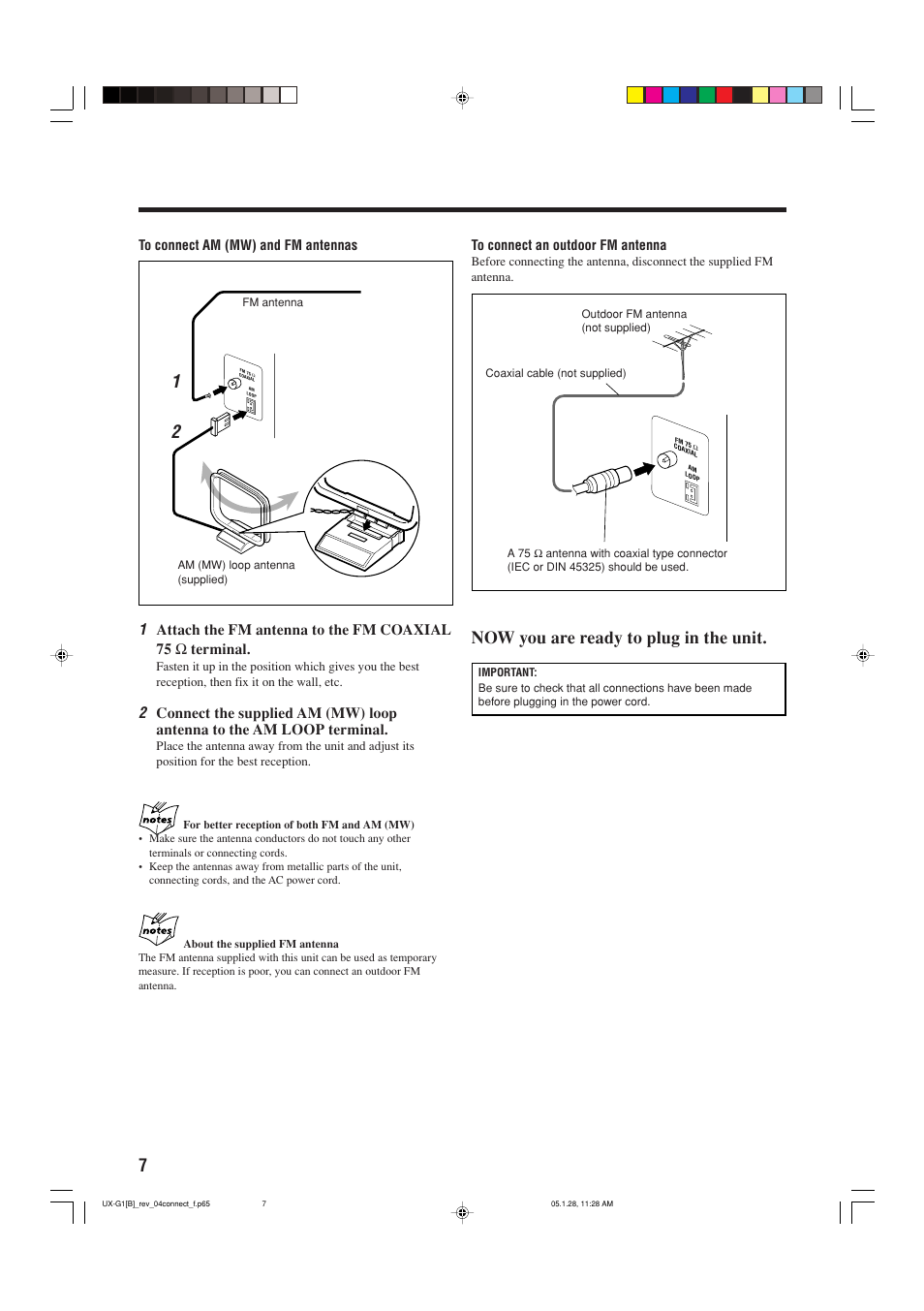Now you are ready to plug in the unit. 2 1 | JVC UX-G1 User Manual | Page 10 / 28