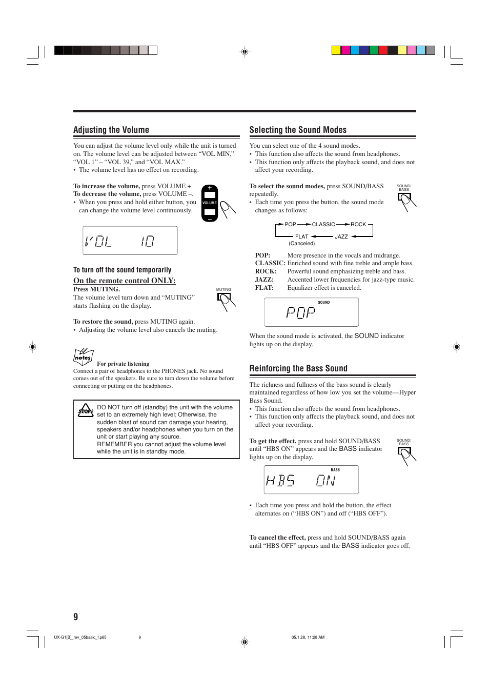 Adjusting the volume, Selecting the sound modes, Reinforcing the bass sound | JVC UX-G1 User Manual | Page 12 / 28