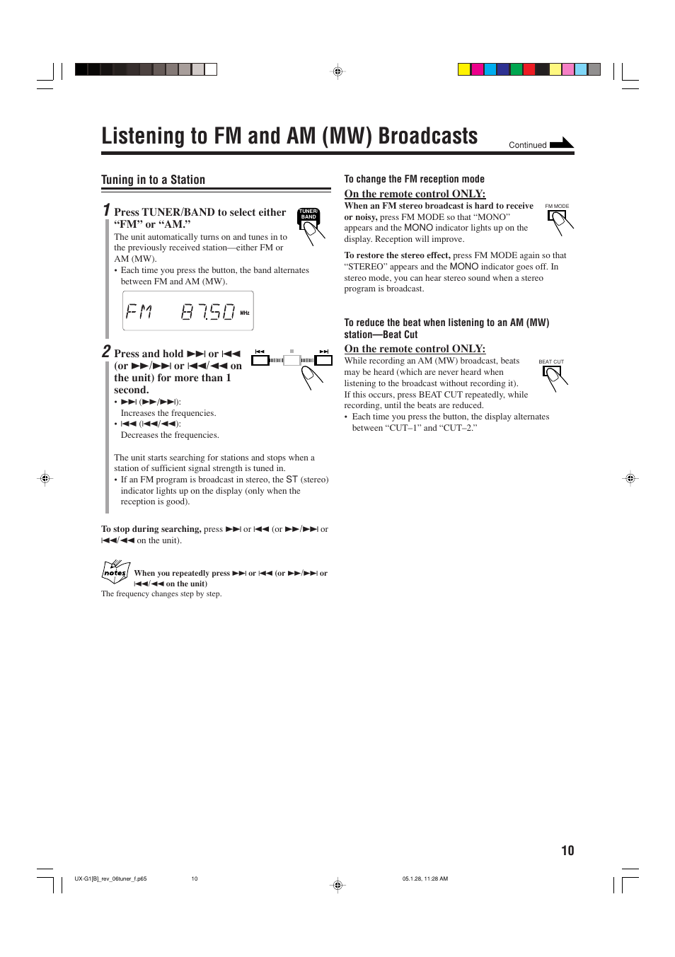 Listening to fm and am (mw) broadcasts, Tuning in to a station | JVC UX-G1 User Manual | Page 13 / 28