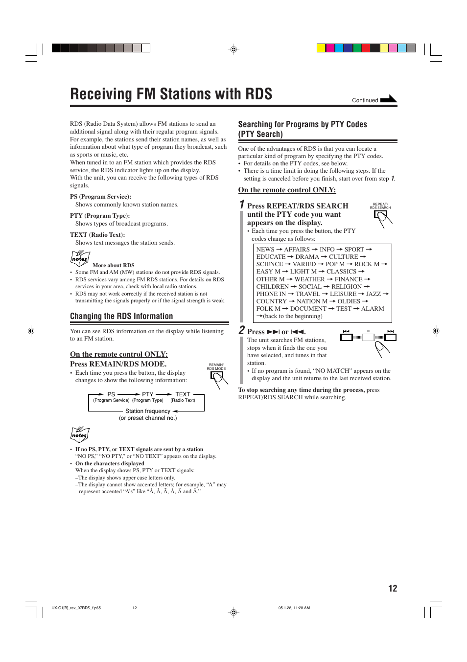 Receiving fm stations with rds, Changing the rds information, Searching for programs by pty codes (pty search) | JVC UX-G1 User Manual | Page 15 / 28