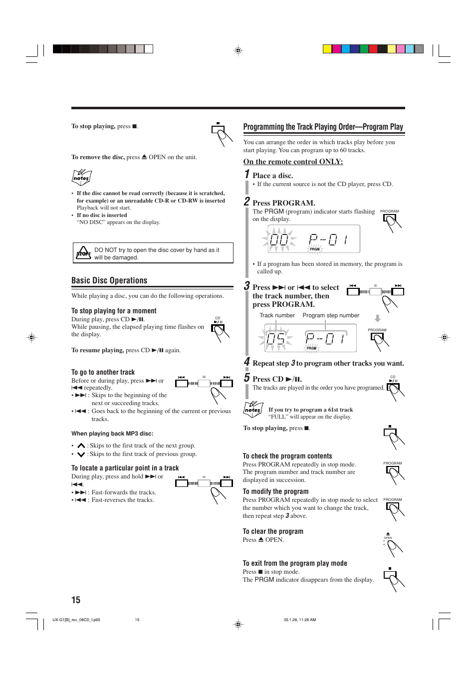 Basic disc operations, Programming the track playing order—program play | JVC UX-G1 User Manual | Page 18 / 28