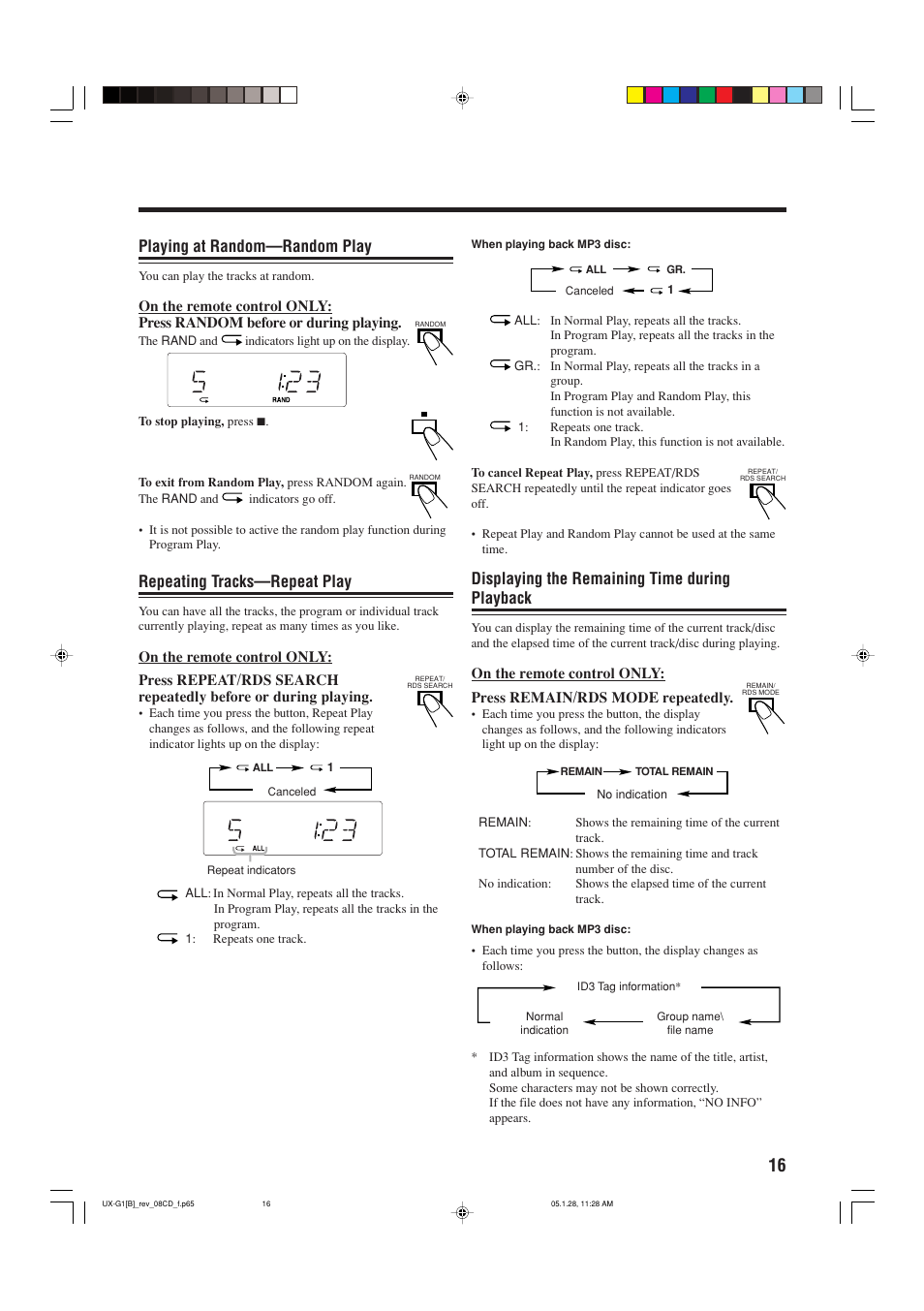 Playing at random—random play, Repeating tracks—repeat play, Displaying the remaining time during playback | JVC UX-G1 User Manual | Page 19 / 28