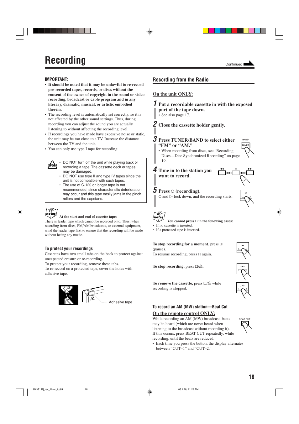 Recording, Recording from the radio | JVC UX-G1 User Manual | Page 21 / 28