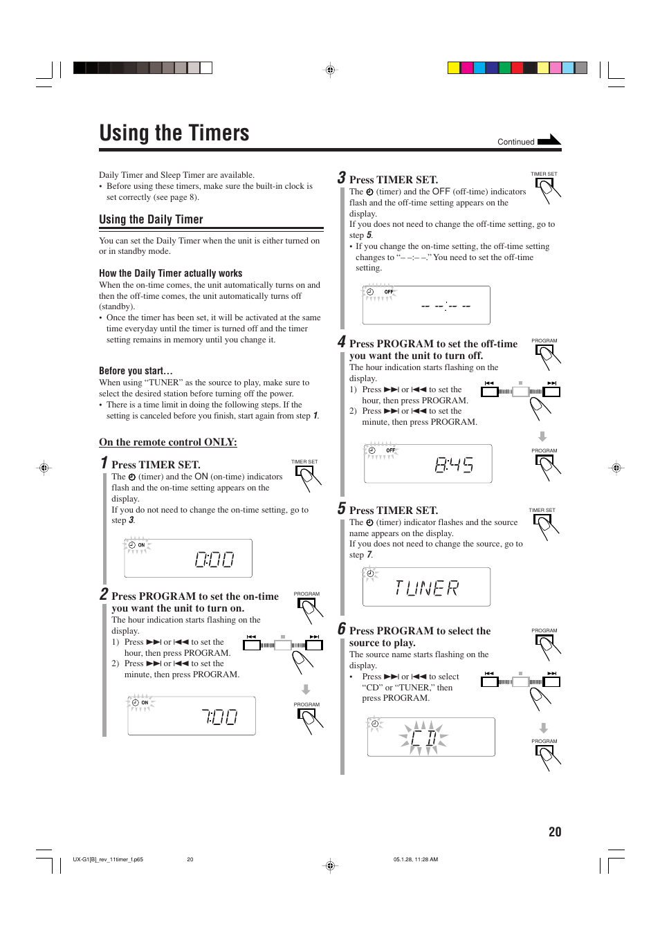 Using the timers, Using the daily timer | JVC UX-G1 User Manual | Page 23 / 28