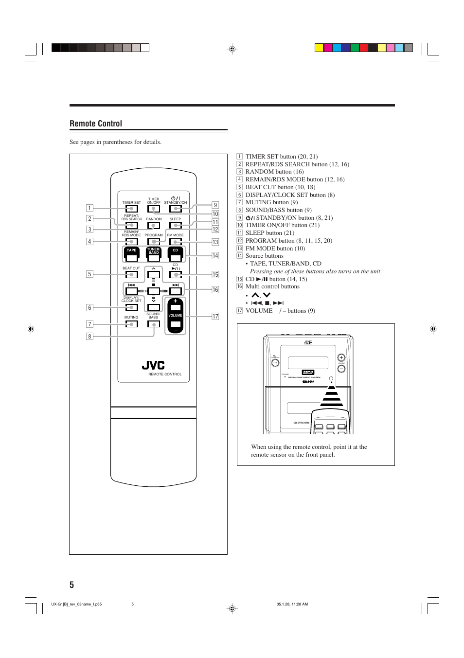 Remote control | JVC UX-G1 User Manual | Page 8 / 28