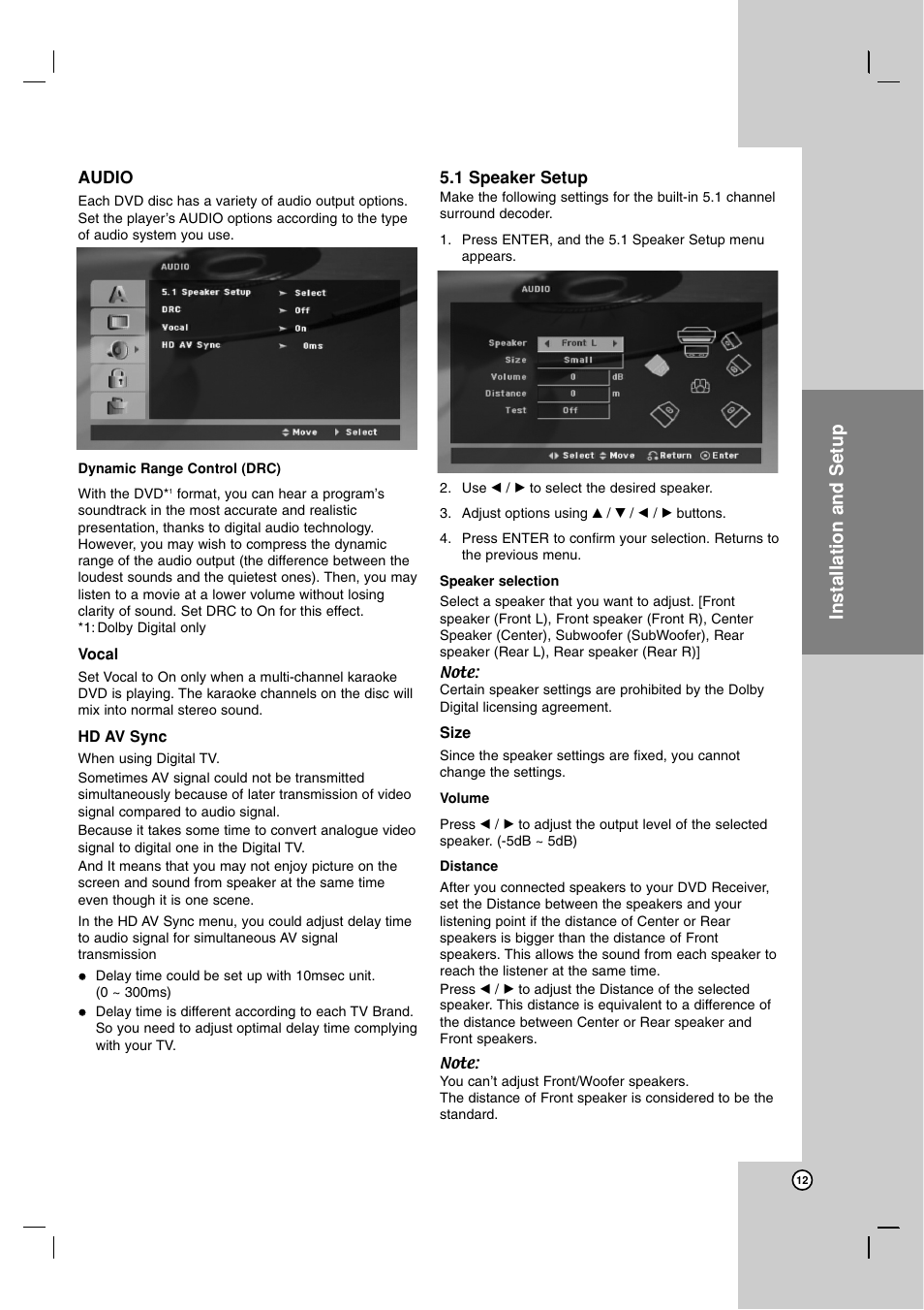 Audio, Dynamic range control (drc), Vocal | Hd av sync, 1 speaker setup, Operation reference introduction, Installation and setup | JVC XV-THG30 User Manual | Page 15 / 28