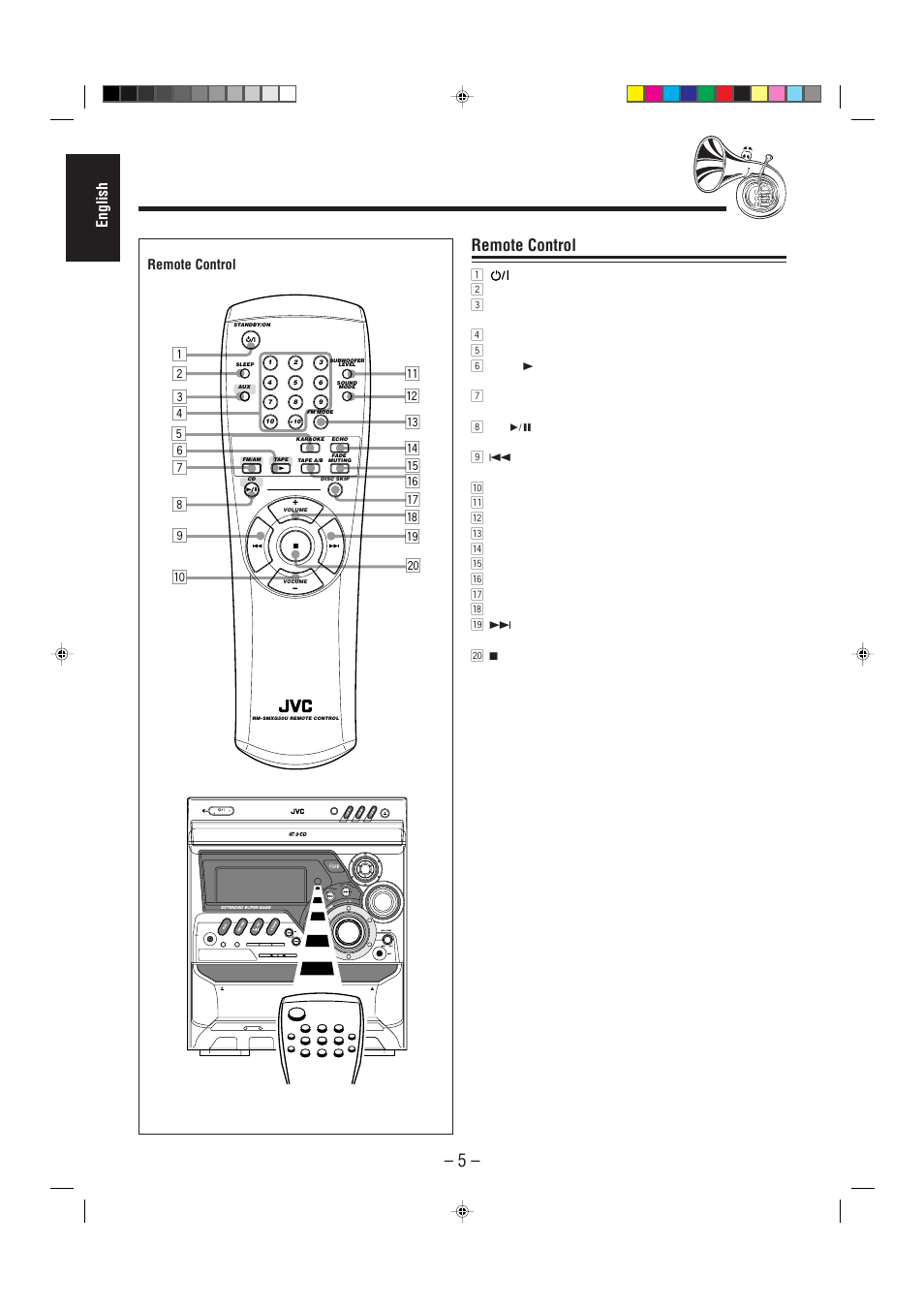 English, Remote control, Standby/on standby | Compact digital audio, Standby | JVC CA-MXG50 User Manual | Page 10 / 34